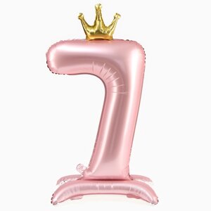 Шар фольгированный 42"Цифра 7 с короной» на подставке, цвет розовый