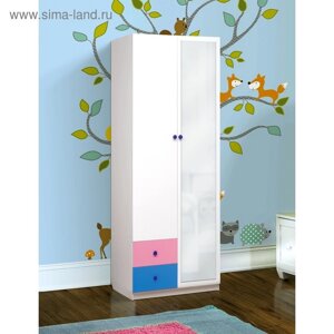 Шкаф 2-х дверный с зеркалом «Радуга», 8004902100 мм, цвет белый / розовый / синий