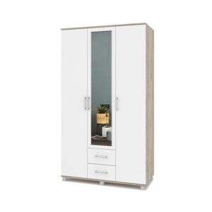Шкаф 3-х створчатый с зеркалом и 2мя ящиками Ева Е34 1200х520х2100 Серый дуб/белый