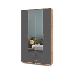 Шкаф Карина 4-х створчатый с зеркалом и двумя ящиками, 1200х420х2100 Золотой дуб/графит