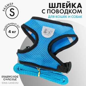 Шлейка дышащая с поводком и светоотражающей нашивкой, S, ОШ 27, ОГ 30-38, синяя