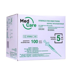 Шприц инъекционный MedCare 3-х компонентный 5 мл с иглой 0,7х40 мм (22Gх1 1/2"
