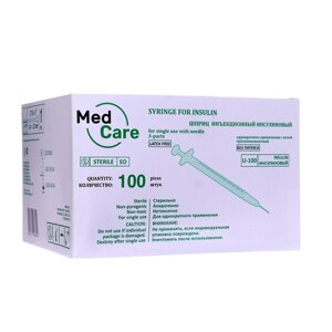 Шприц инсулиновый MedCare U-100 3-х компонентный 1 мл с иглой 0,4х12 мм (27Gx1/2"