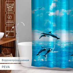 Штора для ванной комнаты Доляна «Дельфины», 180180 см, PEVA