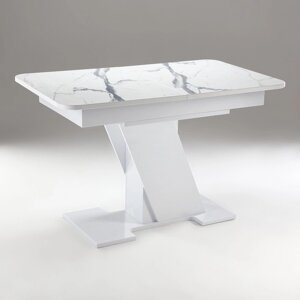 Стол кухонный на одной ножке раздвижной Олимп, 124(154)х75х76, Белый гл/Белый мрамор пластик