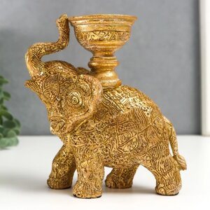 Сувенир полистоун подсвечник "Слон с наскальными рисунками" золотистый 16х7,5х13 см