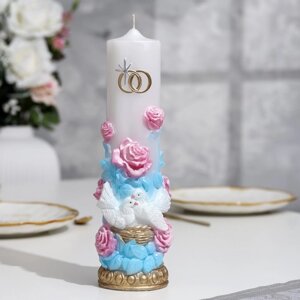 Свеча-цилиндр фигурная свадебная "Голуби в розах", разноцветная, 26,5х8 см, домашний очаг