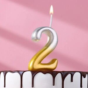 Свеча для торта цифра "Овал"2", 5,5 см, золото-серебро