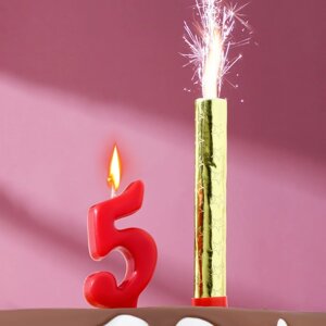 Свеча для торта цифра "Овал" красная "5"фонтан