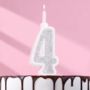 Свеча для торта "Суперблеск", 10,4 см, цифра "4", серебряная блестка
