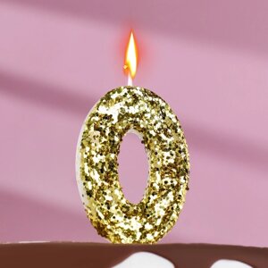 Свеча в торт «Блестки», цифра "0", золото, 5,5 см