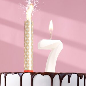Свеча в торт "Грань + фонтан", цифра "7", жемчужный, 6,5 см