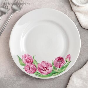 Тарелка фарфоровая «Розовые тюльпаны», d=20 см, белая