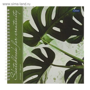 Тетрадь-скетчбук 210 x 210 мм, 60 листов на гребне "Тропические листья", твёрдая обложка, блок 120 г/м²с пошаговыми эскизами