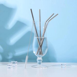 Трубочки для коктейлей Доляна Ice, 21 см, с ёршиком, нержавеющая сталь, 4 шт., форма МИКС