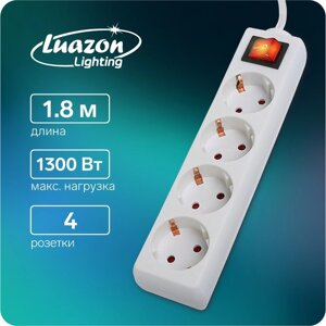 Удлинитель Luazon Lighting, 4 розетки, 1,8 м, 10 А, 1300 Вт, 3х0.75 мм2, с з/к, с выкл., Б