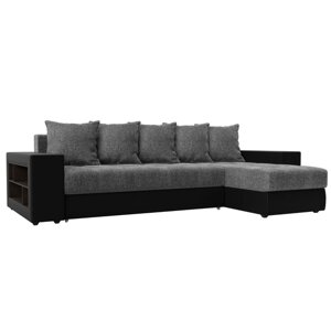 Угловой диван «Дубай», еврокнижка, правый угол, цвет серая рогожка / чёрная экокожа