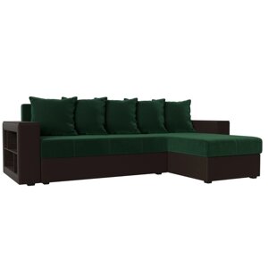Угловой диван «Дубай лайт», еврокнижка, угол правый, велюр зелёный / экокожа коричневый