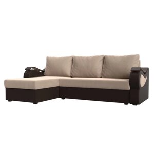 Угловой диван «Меркурий лайт», левый, еврокнижка, велюр / экокожа, бежевый / коричневый