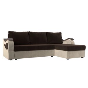 Угловой диван «Меркурий лайт», правый угол, еврокнижка, микровельвет, коричневый / бежевый