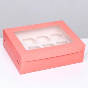 Упаковка под 12 капкейков с окном, розовая, 32,5 х 25,5 х 10 см