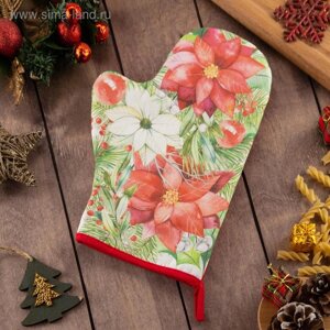 Варежка-прихватка Christmas red flowers 20х28см, саржа, 100% хлопок, ватин 250г/м2