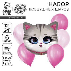 Воздушные шары, набор «Кошечка», розовый, латекс, фольгированные, 6 шт.