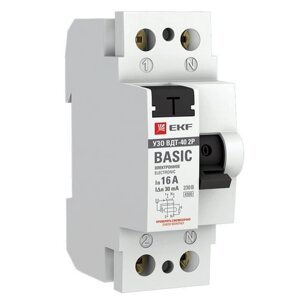 Выключатель дифференциального тока (УЗО) 2п 16А 30мА тип AC Basic электрон. EKF elcb-2-16-30e-sim