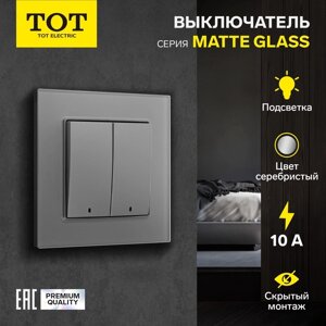 Выключатель TOT Matte Glass, 10 А, 2 кл., с подсветкой, скрытый, стекло, серебристый