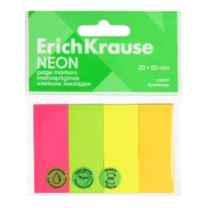 Закладки с клеевым краем бумажные 20x50 мм, ErichKrause "Neon", 200 листов, 4 цвета