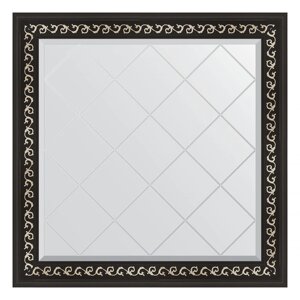 Зеркало с гравировкой в багетной раме, черный ардеко 81 мм, 85x85 см