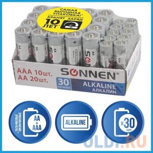 Батарейки комплект 30 (20+10) шт., sonnen alkaline, AA+ааа (LR6+LR03), в коробке, 455097