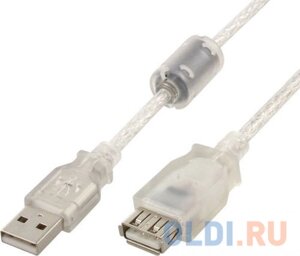 Cablexpert Кабель удлинитель USB2.0 Pro, AM/AF, 0,75м, экран, 2 феррит. кольца, прозрачный (CCF-USB2-AMAF-TR-0.75M)