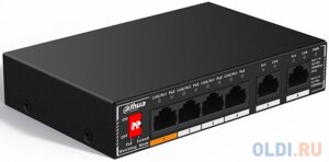 DAHUA DH-SG1006P 6-портовый гигабитный неуправляемый коммутатор c PoE, 4xRJ45 1Gb PoE, 2xRJ45 1Gb uplink, суммарно 60Вт, коммутация 14 Гбит/с, MAC-таб