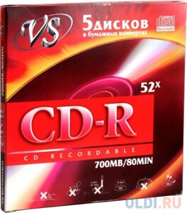 Диск CD-R VS 700 Mb, 52x, Бум. конверт (5)5/250)