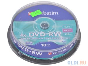 Диск DVD-RW 4.7Gb Verbatim 4x 10 шт Cake Box 43552