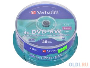 Диск DVD-RW 4.7Gb Verbatim 4x 25 шт Cake Box 43639