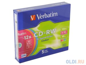 Диски CD-RW Verbatim 700Mb 12x SlimCase 5шт Color 43167