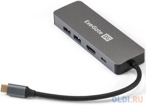 Док-станция exegate DUB-21C/PD/HL (кабель-адаптер USB type-C 2xusb3.0 + PD 100W + HDMI 4K@60hz + lan RJ45 10/100/1000mb, plugplay, серая)