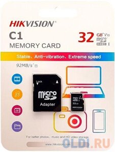 Флеш карта microsdhc 32GB hikvision HS-TF-C1(STD)/32G/adapter HS-TF-C1(STD)/32G/adapter (с SD адаптером) R/W speed 92/20MB/s , V10