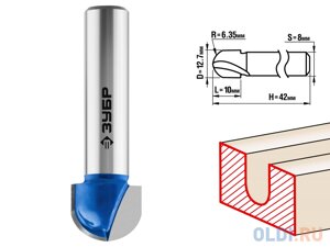 Фреза пазовая галтельная, D= 12,7мм, рабочая длина-10мм, радиус-6,35мм, хв. 8 мм, ЗУБР Профессионал