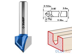 Фреза пазовая галтельная V-образная, D= 15,8мм, рабочая длина-16мм, угол-90° градусов, хв. 8 мм, ЗУБР Профессионал