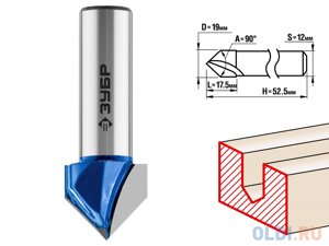 Фреза пазовая галтельная V-образная, D= 19мм, рабочая длина-17,5мм, угол-90° градусов, хв. 12 мм, ЗУБР Профессионал