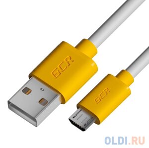 GCR Кабель 2.0m MicroUSB, белый, желтые коннекторы, быстрая зарядка, 28/24 AWG