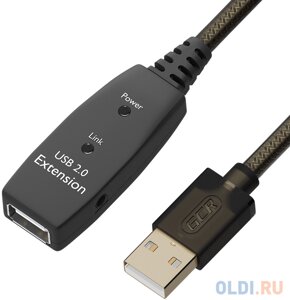 GCR Удлинитель активный 10.0m USB 2.0, AM/AF, GOLD, черно-прозрачный, с усилителем сигнала Premium, разъём для доп. питания, 24/22 AWG