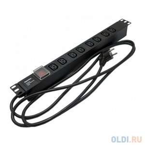 Hyperline SHE19-8IEC-S-2.5EU Блок розеток для 19quot; шкафов, горизонтальный, 8 розеток IEC320 C13, выключатель с подсветкой, кабель питания 2.5м