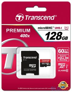 Карта памяти microsdxc 128GB transcend UHS-I U1 + SD adapter (TS128GUSDU1)