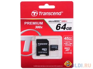 Карта памяти microsdxc 64GB transcend UHS-I U1 + SD adapter (TS64gusdxc10)