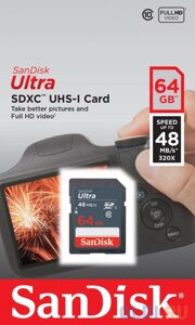 Карта памяти SDXC 64GB sandisk class10 ultra android UHS-I 48MB/s (sdsdunb-064G-GN3in)