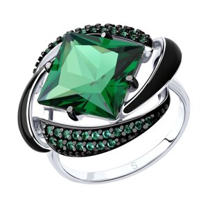 Кольцо SOKOLOV из серебра с эмалью с зелёным ситаллом и зелеными фианитами